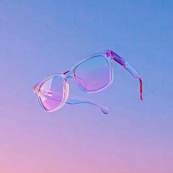 Clear-framed glasses float in a soft gradient, merging into a pastel sky photo
