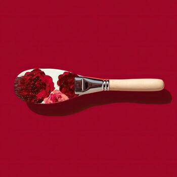 Paintbrush loaded with crimson color, overlapping floral elements, on a red background photo