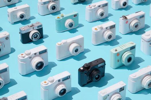 Assorted digital cameras arranged in a grid against a light blue backdrop, casting shadows photo
