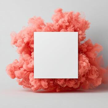 Square paper surrounded by vibrant coral-colored wispy, smoke-like substance against a soft background photo