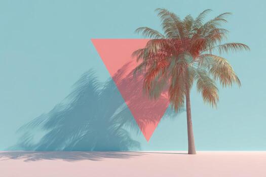 A palm tree casts a shadow on a pastel scene with a pink triangle overlay photo