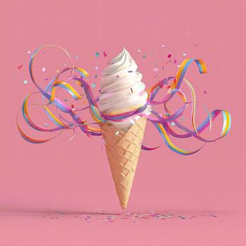 A soft-serve ice cream cone spirals with colorful streamers and confetti on a pink backdrop photo