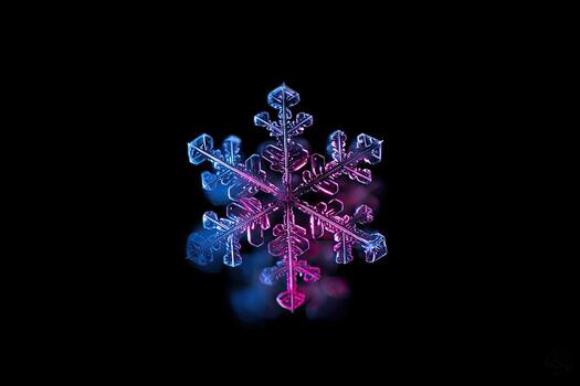 Close-up of a delicate, iridescent snowflake with six symmetrical arms against a black backdrop photo