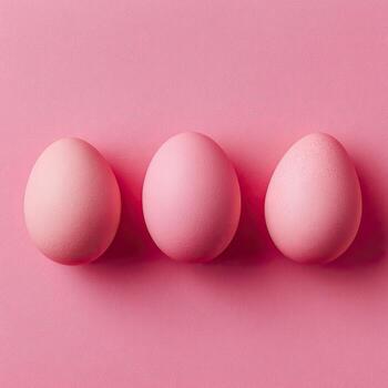 Three pink eggs arranged on a matching solid pink background, soft lighting photo
