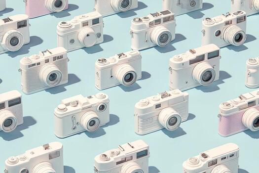 A grid of white cameras with light pink accents arranged on a light blue background photo
