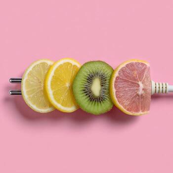 Fruit slices arranged on a power plug against a pink backdrop, forming a unique concept photo