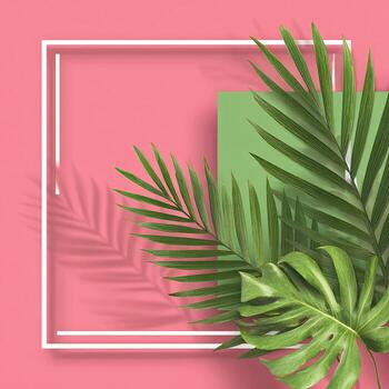 Pink background with white frame, green square, and tropical leaves casting shadows photo