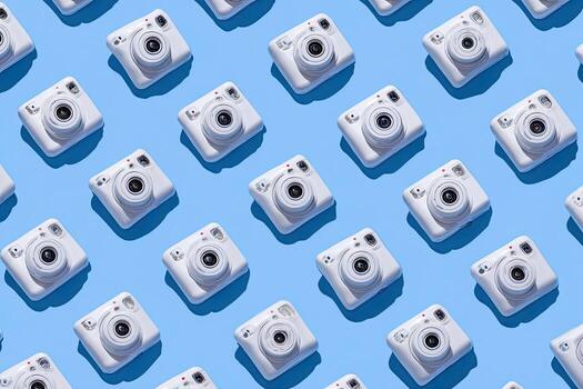 A pattern of white cameras with black lenses on a blue background, overhead view photo
