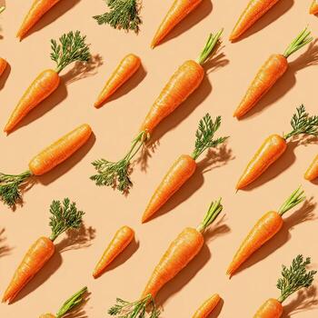 Patterned image of fresh carrots with green tops against a peach-colored background photo