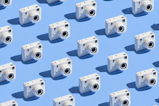 Repeated white cameras arranged in a grid pattern, casting shadows on a light blue surface photo