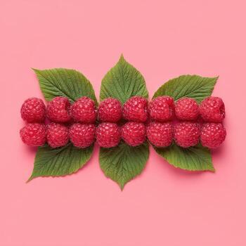Two rows of vibrant red raspberries sit atop three green leaves against a pink backdrop photo
