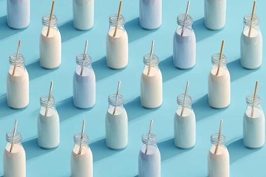 Pattern of pastel-colored drinks in glass bottles with straws, arranged on a bright blue surface photo