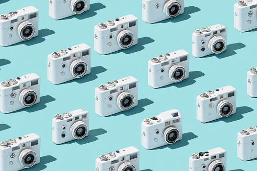Pattern of white, vintage-style cameras cast shadows on a bright blue surface photo