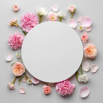 Overhead shot of flowers arranged around a blank white circle on a pale grey background photo