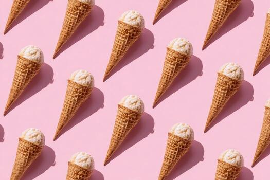 Overhead view of a pink background covered with ice cream cones in a repeating pattern photo