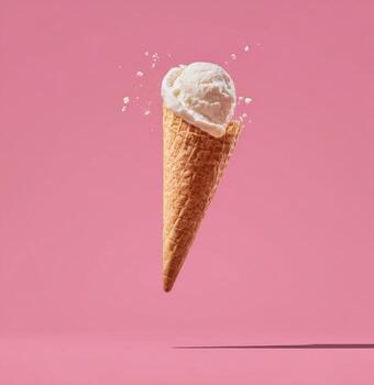 Floating ice cream cone with a single scoop against a bright pink backdrop, showing a shadow photo
