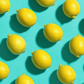 Pattern of bright yellow lemons casting shadows on a turquoise background photo