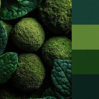 Close-up of vibrant green, textured spheres surrounded by leaves, with a complementary color palette photo