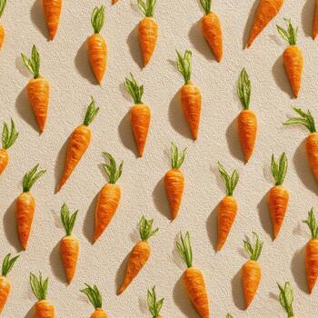 Overhead shot shows a repetitive pattern of miniature carrots with green tops on a beige background photo