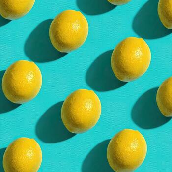 Yellow lemons cast shadows on a turquoise background in a repeating pattern photo