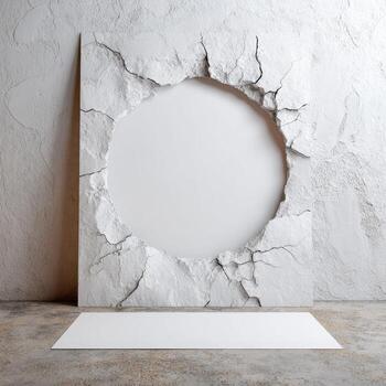 A white, square sculpture with a circular hole, resembling cracked stone, sits before a blank canvas photo