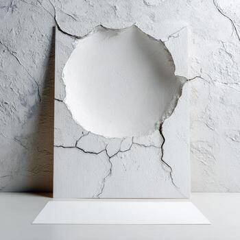 A rectangular, white structure with a large circular hole, placed against a textured wall photo