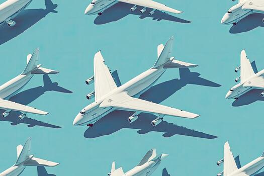 Repeating image of white, large airplanes casting shadows on a blue backdrop photo