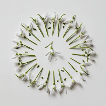 Delicate white snowdrop flowers arranged in a circular pattern on a clean, white background photo