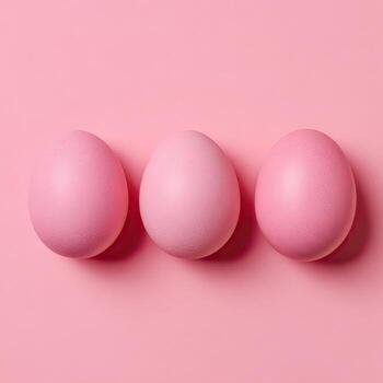 Three uniformly pink eggs are arranged horizontally on a light pink background photo