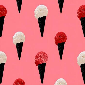 Pattern of ice cream cones with alternating scoops of red and white, set against a pink backdrop photo