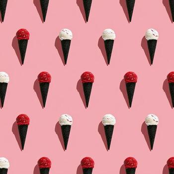 Rows of ice cream cones, alternately white and red scoops on black cones, against a pink background photo
