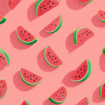 Repeated vibrant watermelon slices casting shadows on a light coral background photo