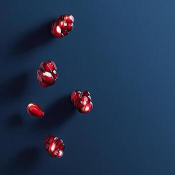 Floating, glistening pomegranate segments against a deep blue backdrop. Minimalist food photo
