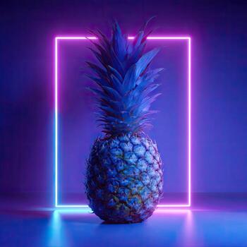 A vibrant, textured pineapple stands before a glowing neon square. Moody, cool color palette photo