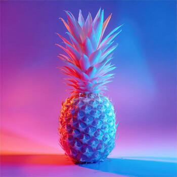 A pineapple, lit by blue and pink light, casts a shadow on a gradient purple background photo