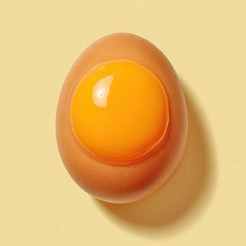 Overhead shot of a brown egg with its yolk spilling out onto a yellow surface photo