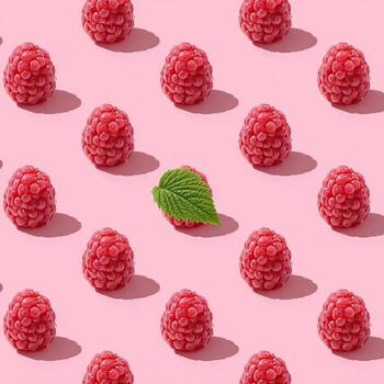 Pattern of ripe, red berries with shadows on a pink background, one berry holds a green leaf photo
