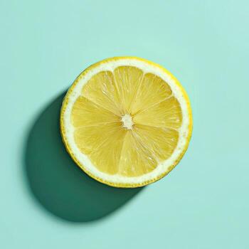 Overhead shot of a sliced lemon with a vibrant yellow interior, casting a shadow on a blue surface photo