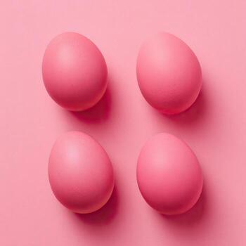 Four symmetrically placed, bright pink eggs against a seamless matching pink backdrop photo