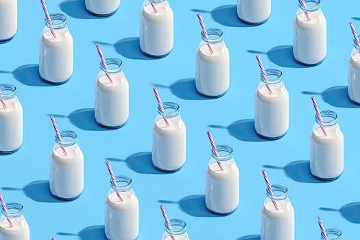 A repeating pattern of milk bottles, each with a pink straw, casting shadows on a blue backdrop photo