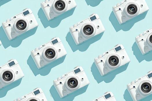 Overhead shot shows a repeating pattern of white cameras casting shadows on a pastel blue surface photo
