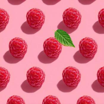 Repeating pattern of red berries and a green leaf against a pastel pink background photo