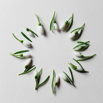 A symmetrical, top-down view of snowdrop flowers arranged in a circular pattern photo