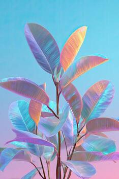 A close-up of a vibrant plant with large, iridescent leaves against a gradient background photo