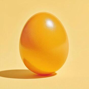 A singular, smooth, golden-hued egg stands on a matching yellow backdrop, with a shadow photo