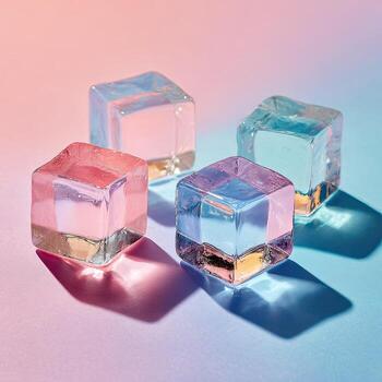 Four translucent, colorful cubes sit on a gradient, casting shadows. Soft light, vibrant hues photo