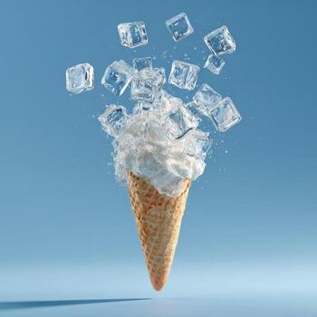 An ice cream cone floats with exploding, cubed ice and whipped cream against a blue backdrop photo