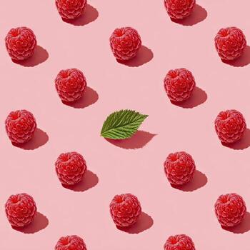 Pattern of red berries and a lone green leaf cast shadows on a light pink backdrop photo