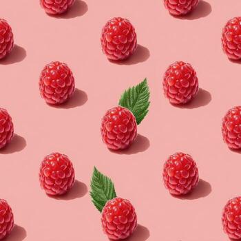 Repeating pattern of ripe red raspberries on a pastel pink background with green leaves photo