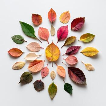A radial arrangement of colorful autumn leaves on a white surface, showcasing various hues photo